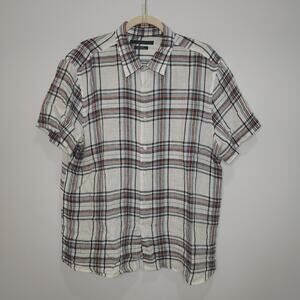 Perry Ellis Mens XL Button Down Shirt Linen Plaid Blue White Orange Short Sleeve